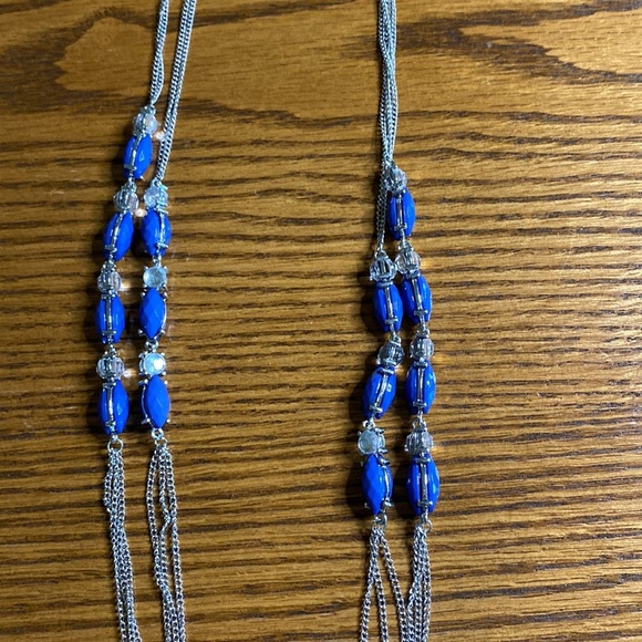 Vera Wang 18” silver necklace with blue, diamond looking gems on either side - Picture 2 of 7